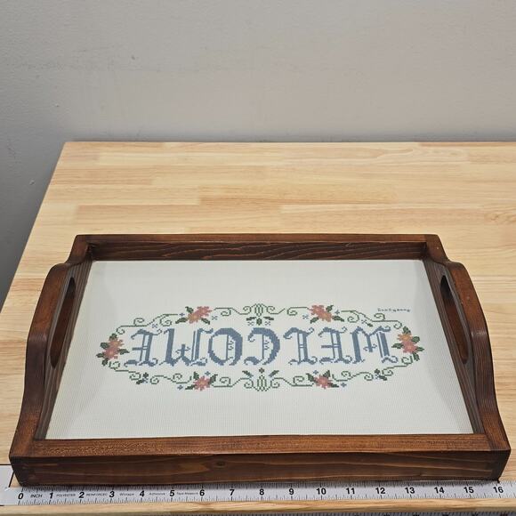 Cross Stitch "Welcome" Handmade Wooden Serving Tray 16x11 Shabby Cottagecore - Picture 5 of 13